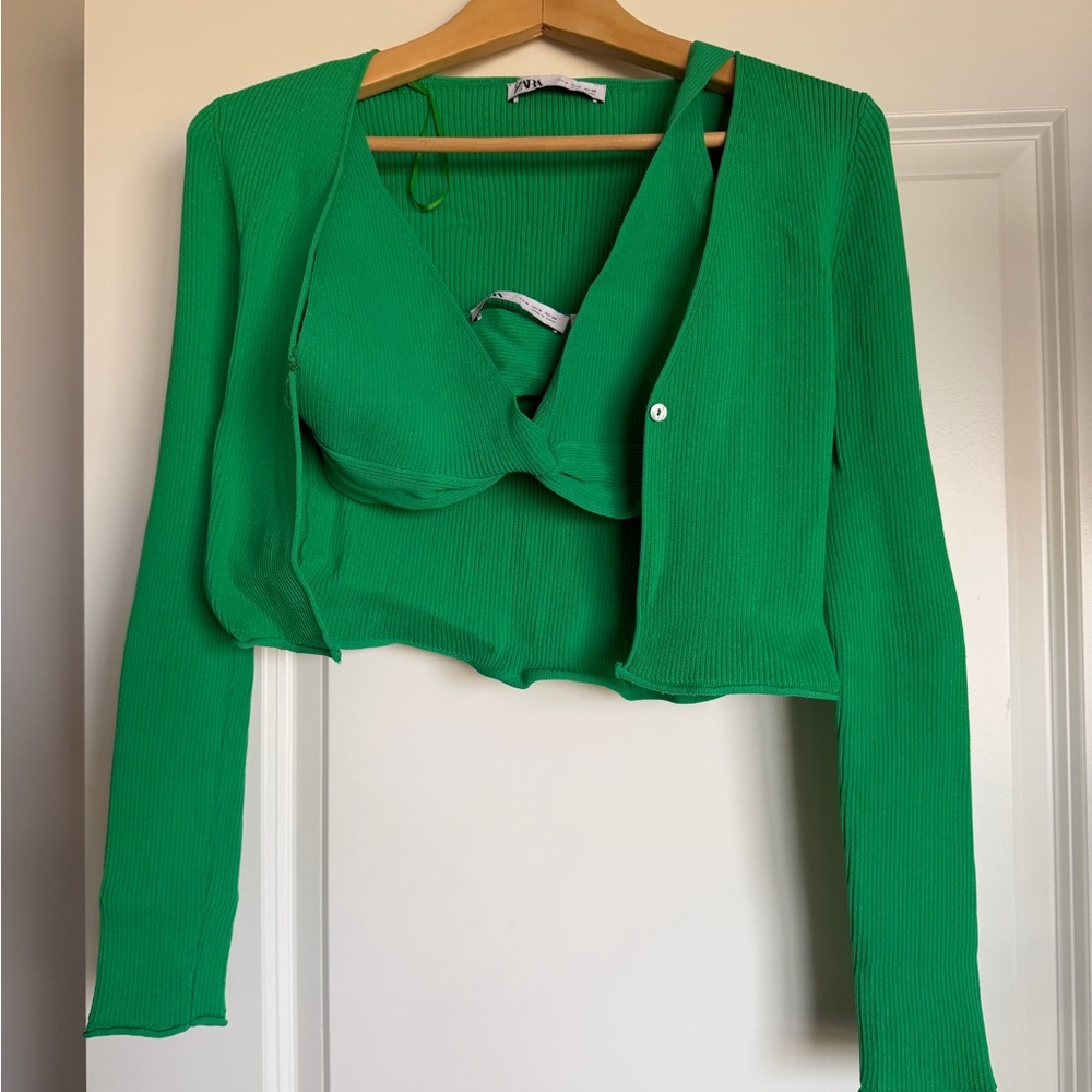 Green Women's Crop Top and Cardigan Set